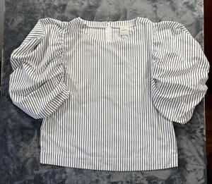 Maeve Anthropologie Striped Puff Sleeve Blouse Crew Neck Black White Large